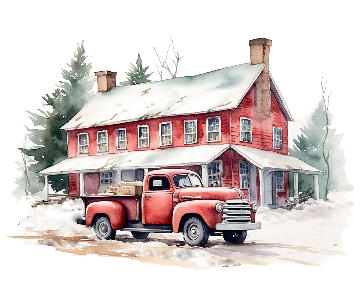 Watercolor Christmas Farmhouse with Red Truck Clipart – Festive Watercolor Christmas Farmhouse Clipart, Digital PNG Download