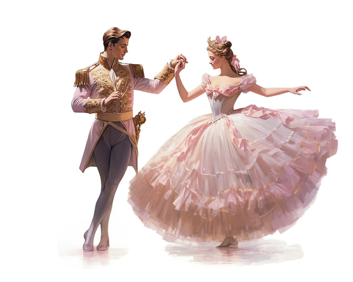 Nutcracker Prince and the Sugar Plum Fairy elegant dance poses in watercolor